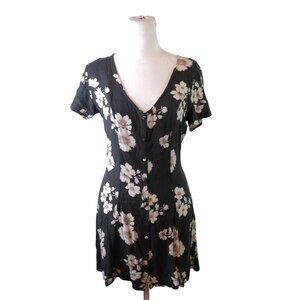 Brandy Melville Black Floral Short Sleeve Button-Front Mini Dress One Size
